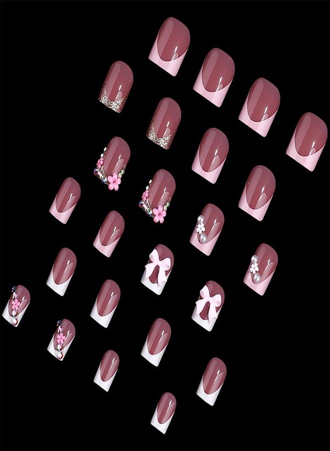 BSBTBZ 24pcs French Tip Press-On Nails - Short, Charms, Bow, Flower Design, Pink, Cute, Square Shape, Acrylic, Rhinestones - Image 2